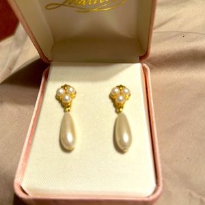 3/$18 Marbella dangle”pearl”look earrings, Vintage bow pin with a dangle “pearl”